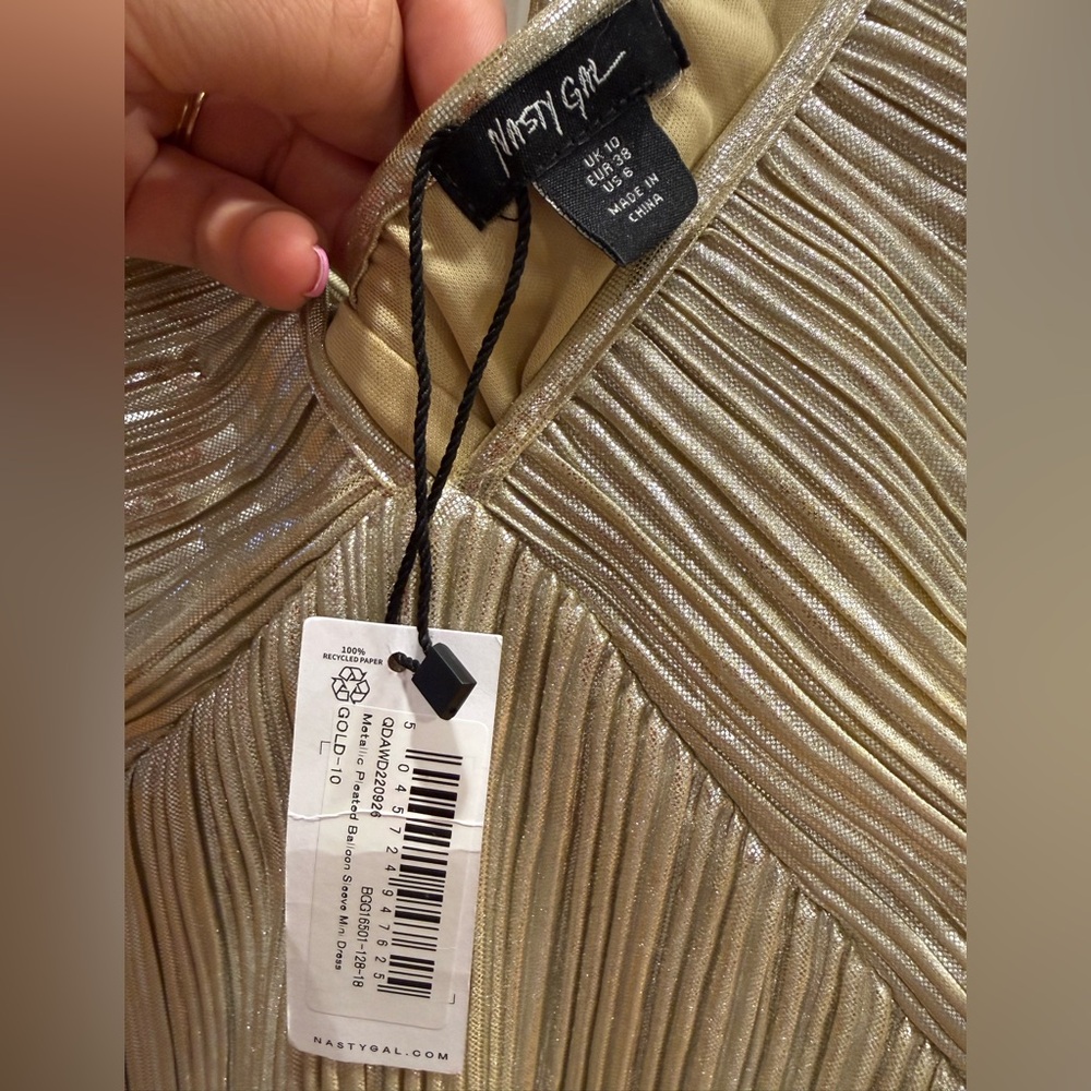 Nasty Gal Metallic Gold Pleated V-Neck dress - Picture 3 of 6
